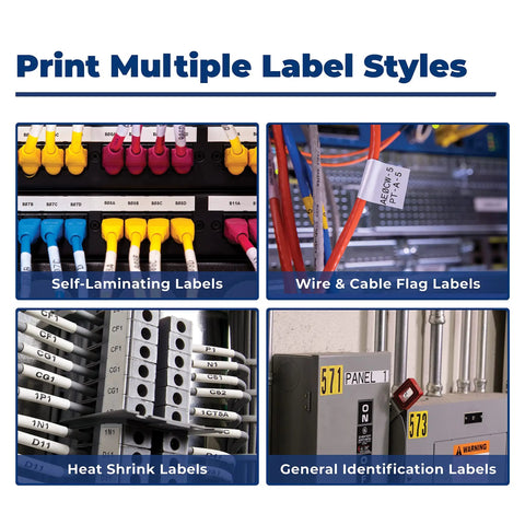 Portable Label Printer DataComm Starter Kit With Handheld Label Maker Multiple Label Tape Rolls showing various label styles.