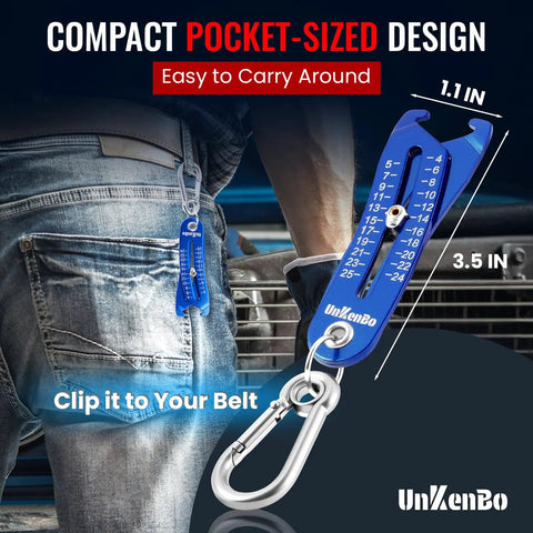 Person with Gen2 Bolt Size Finder Tool Keychain Gauge For Bolts And Nuts Heads clipped to belt, showing pocket-sized design.