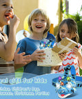 Children holding a gift box with Dino Themed LED Headlamp For Kids And Adults With Four Modes Hands Free Dino Headlamp visible.