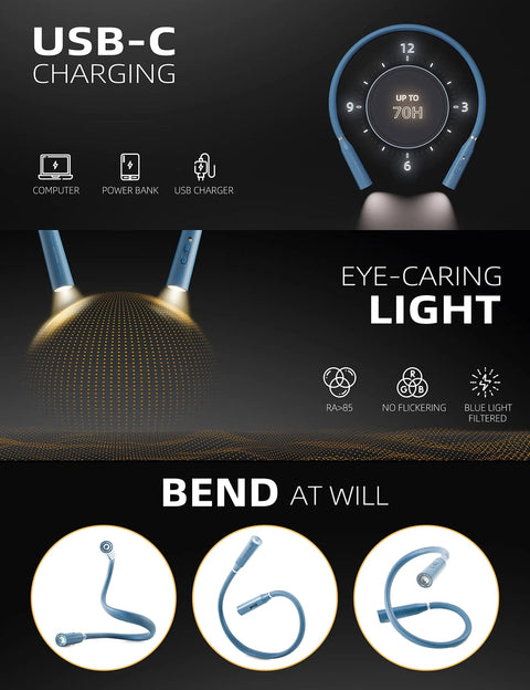 Features and design of Neck Reading Light For Bedside Reading, Knitting, Crochet, And Camping, Rechargeable LED With Flexible Arm.