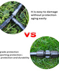 Comparison of damaged tubing versus Ten Pack Half Inch Drip Irrigation Barbed Coupling Connectors with protection on grass.