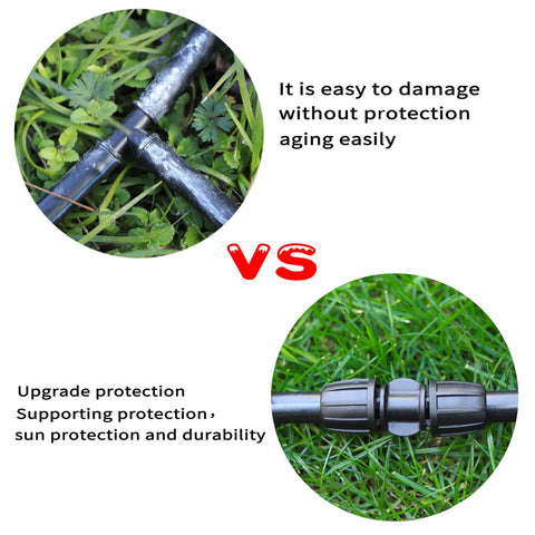 Comparison of damaged tubing versus Ten Pack Half Inch Drip Irrigation Barbed Coupling Connectors with protection on grass.