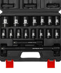 Half Inch Drive Deep Impact Socket Set Workhorse With 15 Metric Sockets From 10Mm To 24Mm And 3 Inch 5 Inch 10 Inch Extension Bars Made From CRV Steel 6 Point Metric Sockets For Auto DIY Projects in black case