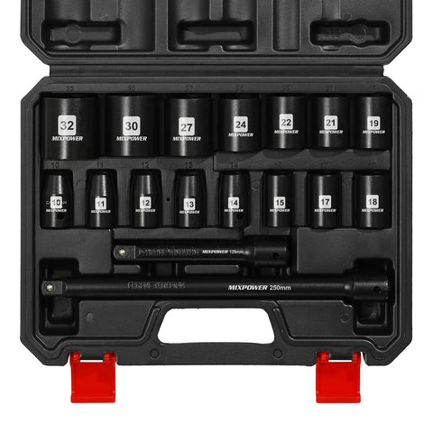 Half Inch Drive Deep Impact Socket Set Workhorse With 15 Metric Sockets From 10Mm To 24Mm And 3 Inch 5 Inch 10 Inch Extension Bars Made From CRV Steel 6 Point Metric Sockets For Auto DIY Projects in black case