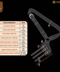 Diagram of Genuine Leather Sword Baldric Belt For LARP And Renaissance Costumes with size measurements and adjustable strap details.
