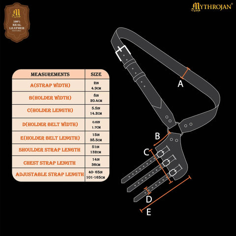 Diagram of Genuine Leather Sword Baldric Belt For LARP And Renaissance Costumes with size measurements and adjustable strap details.