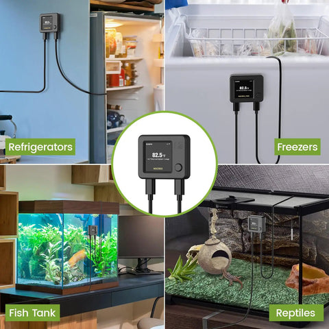 WiFi Fridge Thermometer With Freezer Alarm, Digital Temp Sensor in use with fridge, freezer, fish tank, and reptile tank.