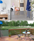 70 Inch Wide Retractable Baby Gate With 33 Inch Height installed indoors in a hallway and outdoors on a deck for safety.