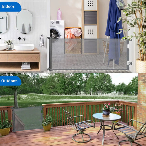 70 Inch Wide Retractable Baby Gate With 33 Inch Height installed indoors in a hallway and outdoors on a deck for safety.