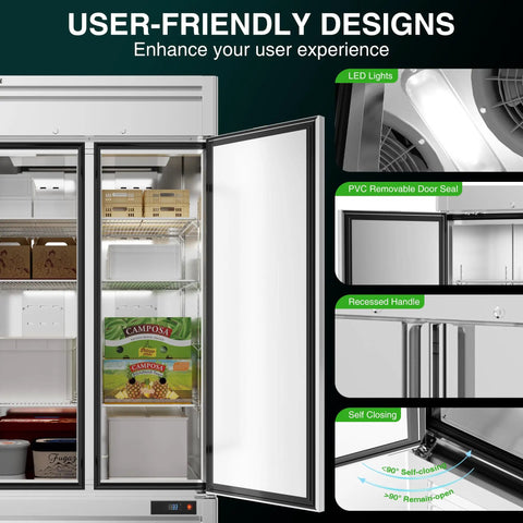 Straight Up Heavy Duty 72 Cu Ft Three Door Reach In Upright Commercial Freezer With Twelve Adjustable Shelves and Premium Stainless Steel Finish features LED lights and removable door seals.