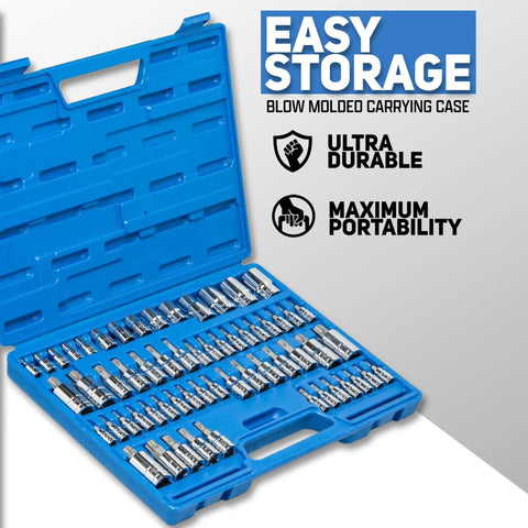60-Piece Master Torx Bit Socket And External Torx Socket Set In S2 And Cr-V Steel in blue carrying case for easy storage.