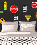 Road Sign Wall Decals For Kids Room Street Sign Decor Stickers Do Not Enter Stop Sign One Way Traffic Light Yield Caution Construction Route 66 Main Street Signs For A Dope Bedroom Decor Boys Room on wall above bed