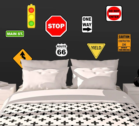 Road Sign Wall Decals For Kids Room Street Sign Decor Stickers Do Not Enter Stop Sign One Way Traffic Light Yield Caution Construction Route 66 Main Street Signs For A Dope Bedroom Decor Boys Room on wall above bed