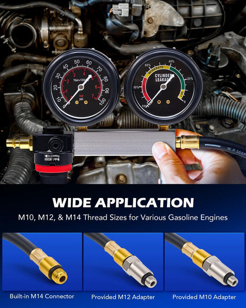 Orion Motor Tech cylinder leak-down tester kit with dual gauges mounted on engine bay