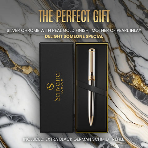 Luxurious Silver Chrome Ballpoint Pen With Real Gold Plating And Schmidt Black Refill in opened gift box on marble background