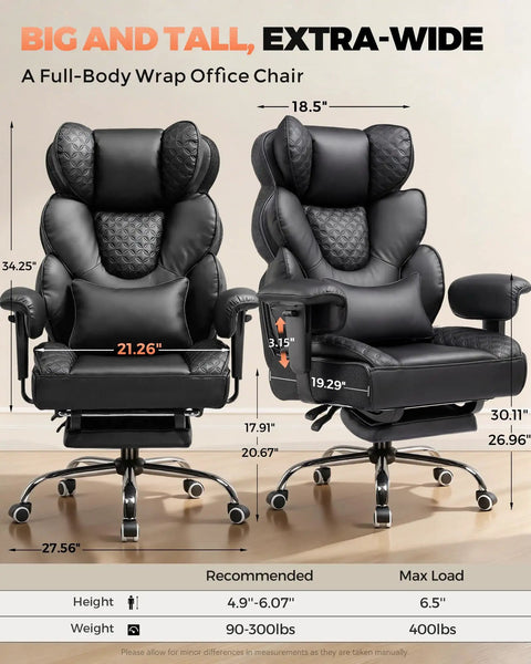 Big And Tall Office Chair With Upgrade Footrest For All Day Comfort, Heavy Duty Gaming Style High Back Executive Chair dimensions shown.