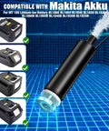 Plug And Go Submersible Water Pump Built For Makita 18V Batteries 635 GPH Heavy Duty Automatic Transfer Pump shown in water with battery compatibility.