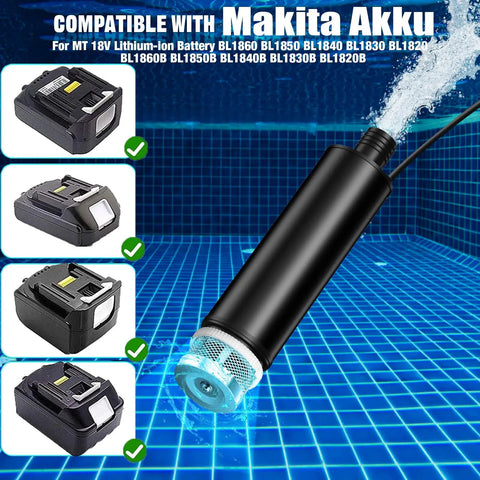 Plug And Go Submersible Water Pump Built For Makita 18V Batteries 635 GPH Heavy Duty Automatic Transfer Pump shown in water with battery compatibility.