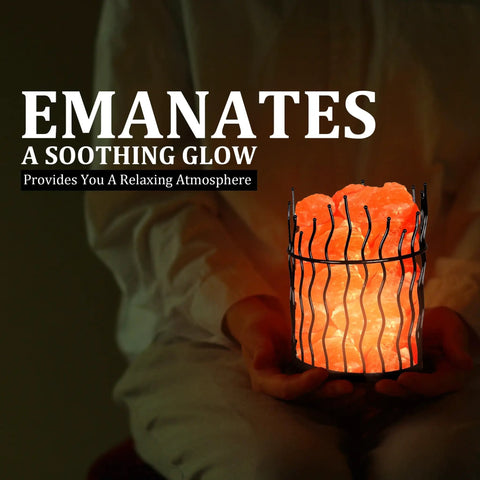 Pink Himalayan Salt Lamp With Dimmer Switch In A Tall Round Metal Basket, 8 To 10 Lbs, emits a warm glow for relaxation