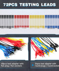 110 Piece Automotive Test Lead Kit With Back Probes showing 72 terminal adapters, flat and round plugs and sockets.