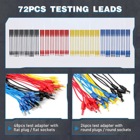 110 Piece Automotive Test Lead Kit With Back Probes showing 72 terminal adapters, flat and round plugs and sockets.