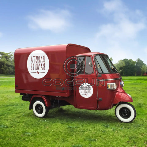 10.5 Ft Mobile Food Concession Trailer With Locking Drawers And Wide Prep Counter Turnkey Coffee Cart, red color, parked on grass.