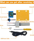 Legit Strong 5V 30mm Stroke Mini Reciprocating Linear Actuator kit with speed governor, DC socket, fixing plate, and USB power cable.