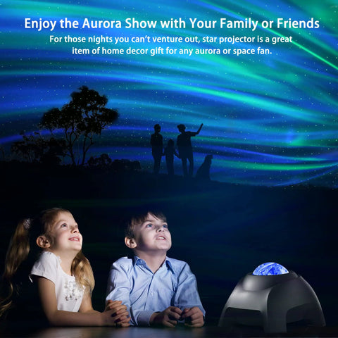 Children mesmerized by Northern Lights Aurora Projector with Star Projector and Music Speaker for home decor and chill vibes.