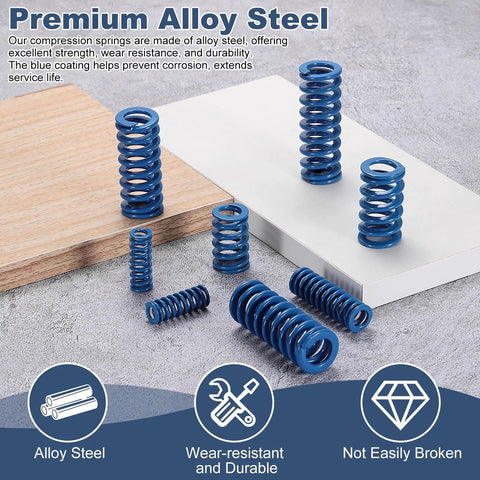 Six Pack Blue Compression Springs 3.5 Inch Long And Half Inch Wide Made From Heavy Duty Alloy Steel, arranged on a surface.