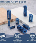 Six Piece Blue Compression Springs 38 Inch Od 2 Inch Length With Light Load Capacity For 3D Printers Molds And Mechanical Gear Repair Jobs Made From Tough Alloy Steel Wire For Durable Performance arranged on surfaces.