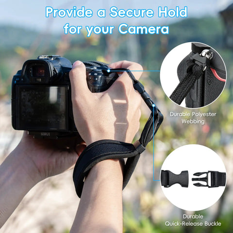 Person using Quick Release Soft Neoprene Camera Hand Wrist Grip Strap For Lightweight DSLRs And Mirrorless Cameras
