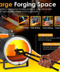 Portable Gas Forge For Blacksmiths With Single Burner Open Oval Hearth For Knife And Tool Making DIY Friendly Farrier Forge Tools with V-Bit Tongs and Gloves shown in use, compact design.