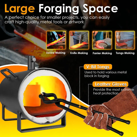 Portable Gas Forge For Blacksmiths With Single Burner Open Oval Hearth For Knife And Tool Making DIY Friendly Farrier Forge Tools with V-Bit Tongs and Gloves shown in use, compact design.