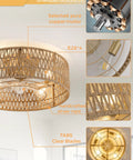 Retro BoHo Flush Mount Ceiling Fan With Open Caged Design And Integrated Warm Led Lighting showcasing pure copper motor, handcrafted straw rope, and clear blades.
