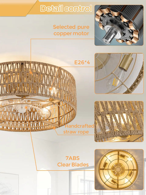 Retro BoHo Flush Mount Ceiling Fan With Open Caged Design And Integrated Warm Led Lighting showcasing pure copper motor, handcrafted straw rope, and clear blades.