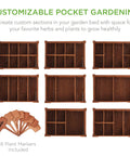 Customizable compartments of Elevated Eight Pocket Garden Bed With Locking Wheels Mobile Raised Planter shown with sections and plant markers