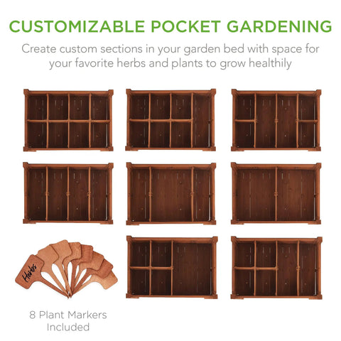 Customizable compartments of Elevated Eight Pocket Garden Bed With Locking Wheels Mobile Raised Planter shown with sections and plant markers