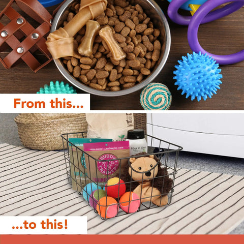 Industrial Gray Utility Basket With Easy Grip Handles For Kitchen Pantry Organization And Closet Shelf Bins with pet supplies and toys.