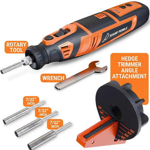 Cordless Hedge Trimmer Sharpener Kit With Four Adjustable Angles 30 To 45 Degrees For Hedge Shears And Trimmers Pro Grade Portable Diamond Bit Sharpener For Gas Electric And Cordless Tools featuring attachments and wrench.