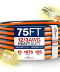 Seventy Five Foot Heavy Duty Extension Cord Featuring A Hefty Three Prong Design And Waterproof Jacket built for tough job sites.
