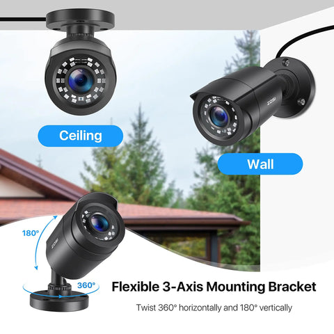 Flexible 3-Axis Mounting Bracket for Four Pack 1080P HD TVI Wired Security Cameras for versatile indoor and outdoor placement.