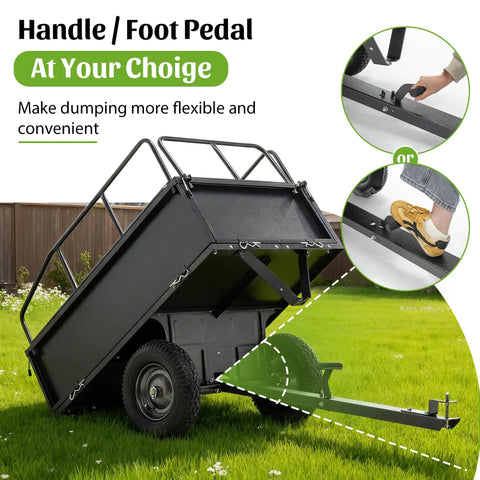 Heavy Duty Steel Dump Cart Trailer With 600 Lb Load Capacity 17 Cu Ft Tow Behind Hauler showing handle and foot pedal options