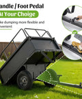 Heavy Duty 600Lb Dump Cart For Farm And Garden Tow Behind Utility Trailer showing handle and foot pedal controls