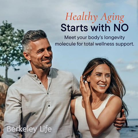 At Home Nitric Oxide Test Strips Kit For Quick Non Invasive Saliva Check Of NO Levels For Men And Women, 50 Individually Sealed Indicator Strips For Daily Health Tracking And Easy NO Insight. Healthy aging NO wellness ad with smiling man and woman outdoors.