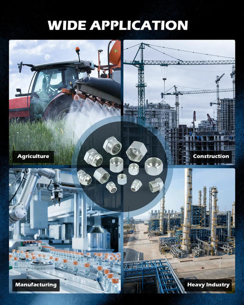 Heavy Duty Hydraulic Hose Cap And Plug Kit 144 Piece JIC And ORFS Fittings Set in use across agriculture, construction, manufacturing, and heavy industry