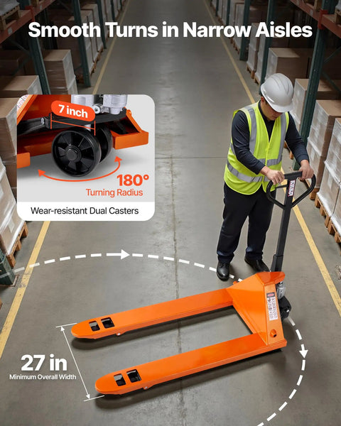 Warehouse worker operating 6600 Lb Manual Pallet Jack With 48 By 27 Inch Forks And A 3.35 To 7.1 Inch Lift Height