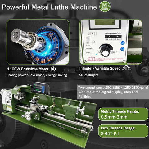 Shop Grade Benchtop Metal Lathe With Dual Chucks For Long Shafts Tubes 1100W Brushless Motor variable speed digital display.