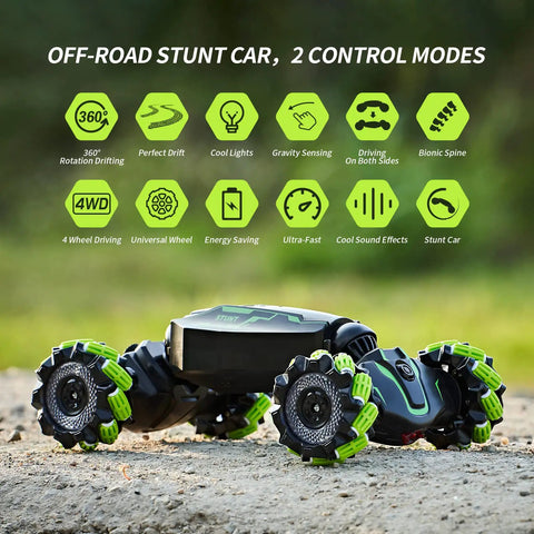 Off-road 4WD Gesture Sensor RC Car with Hand Control and 2.4G Remote, 360-degree spin, dual-mode control, green stunt toy car.