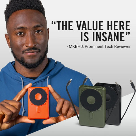 Solid Pick 20W Magnetic Power Bank With Built In Cables 10000mAh Fast Charging Battery MagSafe Compatible in orange and green.