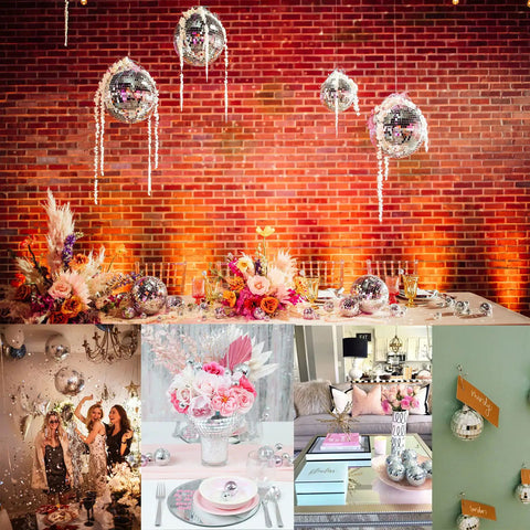 11 Piece Disco Ball Cake Decorations Set with Mirror Ball Toppers for cakes and party tables in various festive settings.